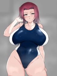 1girls big_breasts blue_eyes breasts code_geass collarbone contrapposto covered_navel cowboy_shot grey_background huge_breasts kallen_stadtfeld kia-shi looking_at_viewer medium_hair one-piece_swimsuit parted_lips red_hair solo solo_female swimsuit tagme thick_thighs thighs