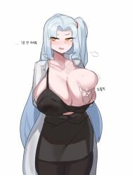 1girls alternate_breast_size angela_(lobotomy_corporation) areolae black_bra blue_hair blush breast_grab disembodied_hand female grabbing_breasts groping groping_breasts gya_rb huge_breasts labcoat lobotomy_corporation long_hair partially_clothed portrait project_moon side_ponytail simple_background white_background yellow_eyes