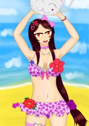 armpits arms_up beach belly_button bikini brown_hair cat_plushie chibi_(chibipower) chibipower choker clothed dotted_bikini flower flower_in_hair happy heart_tattoo looking_at_viewer necklace nonude pink_ribbon red_eyes ribbon shell_necklace solo_female teddy_bear violet_bikini virtual_youtuber vtuber