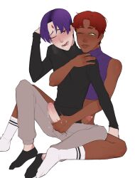 2boys clothed_sex dc dc_comics gay genderswap_(ftm) handjob haruhssment male male_focus male_only pale_skin penis penis_out purple_hair rachel_roth raven_(dc) red_hair rule_63 sex sitting socks starfire teen_titans twink white_background yaoi