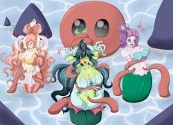 animal cala_maria crossover cuphead_(game) female female_focus giga_mermaid green_skin mermaid octopus one_piece purple_hair purple_skin shantae shirahoshi smooth_skin tickling wah-ngt