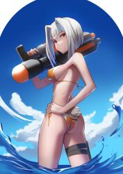 1girls bikini bunny_tail library_of_ruina lobotomy_corporation looking_at_viewer myo_(lobotomy_corporation) project_moon red_eyes side-tie_bikini sky solo tagme water white_hair