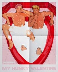 2boys bathing bathtub blonde_hair bubbles male/male male_only meathook_magazine muscles muscular muscular_male pink_hair shared_bathing text twitter_user_oc unnamed_character valentine's_day writing