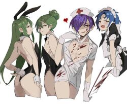 3boys 4boys blood blood_on_face blood_splatter blood_stain blood_stains bowtie_collar bunny_ear bunny_ears bunnysuit chesed crossdressing cuffs_(clothing) femboy gloves library_of_ruina lobotomy_corporation maid_apron maid_headdress maid_outfit maid_uniform male male_maid male_nurse male_only male_playboy_bunny netzach netzach_(library_of_ruina) netzach_(project_moon) nurse opened_shirt project_moon tagme thighs yesod