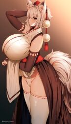 1girls animal_ears bare_shoulders big_breasts clothed clothes curvy female full_body gigantic_breasts hat japanese kneehighs marota_(imyme_maro) momiji_inubashiri pom_poms red_eyes tagme tail thick thick_thighs thighhighs thighs touhou white_hair wolf_ears wolf_girl wolf_tail