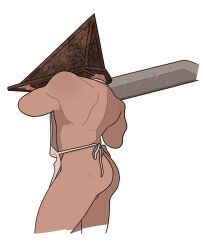 1boy apron ass back back_muscles bottomless helmet innkeeper_worm male male_only muscular muscular_male naked_apron pyramid_head silent_hill silent_hill_2 solo sword weapon white_background