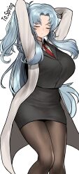 1girls angela_(lobotomy_corporation) arms_up blue_hair blush breasts business_suit chroong closed_eyes huge_breasts labcoat lobotomy_corporation long_hair necktie pantyhose project_moon side_ponytail solo