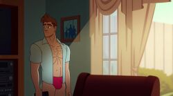 agent-steve-maryweather bellybutton bottomwear boxer_briefs boxers_(clothing) briefs brown_hair bulge chest_hair detailed hairy human male male_focus male_only open_clothes q-force red_briefs red_underwear screencap screenshot screenshot_edit shirt solo speedo steve_maryweather underwear