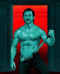 1boy actor belt caucasian caucasian_male celebrity looking_at_viewer male male_only meathook_magazine milo_ventimiglia moustache muscles muscular muscular_male pubes real_person solo solo_male unzipped_pants