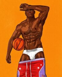 armpit basketball bulge dark-skinned_male dark_skin hand_on_head male male_only malik_(meathook_magazine) meathook_magazine melanin muscles muscular muscular_male pants_down posing solo solo_male twitter_user_oc underwear