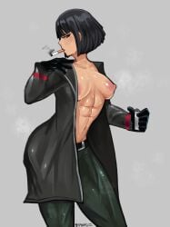 1girls abs big_breasts black_hair blush breasts female limbus_company looking_at_viewer nipples open_shirt partially_clothed project_moon red_eyes ryoshu_(limbus_company) short_hair smoking solo standing sweat tagme thick_thighs yamapollogee