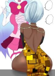 2girls ass backless_outfit blue_hair dialogue gloves huge_ass king_of_greed library_of_ruina lobotomy_corporation pov project_moon queen_of_hatred ten_oekaki white_hair