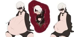 1boy 1girls belly big_belly blindfold breasts clothing emeraldfur female female_prey huge_belly hyper_belly inside_stomach light-skinned_female light-skinned_male light_skin male male_focus male_pred nier nier:_automata short_hair vore white_background white_hair yorha_2b yorha_9s