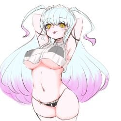 :3 arms_behind_head arms_up bikini blush breasts hips large_breasts library_of_ruina lobotomy_corporation long_hair navel project_moon queen_of_hatred see-through_clothing ten_oekaki thighhighs tongue tongue_out yellow_eyes