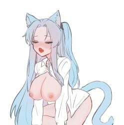 1girls angela_(lobotomy_corporation) blue_hair breasts cat_ears catgirl closed_eyes fangs functionally_nude large_breasts library_of_ruina lobotomy_corporation long_hair musha nipples open_clothes open_mouth project_moon side_ponytail solo tail