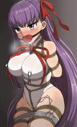 1girls arms_behind_back ball_gag bangs bb_(fate) bb_(fate/extra) bdsm blush bondage bound breasts crying drooling fate/grand_order fate_(series) female femsub gag hair_ribbon helpless large_breasts leotard long_hair nipple_clamps nipple_vibrator nipples pokies purple_eyes purple_hair red_ribbon restrained ribbon rope_bondage saliva sara_mi_katsuo shibari skindentation sleeveless solo solo_female sweat tears thighs very_long_hair vibrator white_leotard