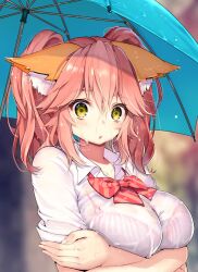 blue_umbrella breasts crossed_arms female female_focus fox_ears pink_hair rain raining red_bow red_bowtie shocked_expression source_request tagme tagme_(artist) tagme_(character) translucent_clothing umbrella wet wet_clothes white_shirt wide_eyed wide_eyes yellow_eyes