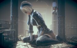 1boy 1girls 3d ass blindfold breasts clothed clothing facesitting female giantess hairband honey_select junejukes light-skinned_female light-skinned_male light_skin macro male nier nier:_automata short_hair size_difference thighhighs white_hair yorha_2b yorha_9s