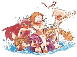 archer_(disgaea) armor_knight_(disgaea) assisted_exposure bikini bikini_bottom bikini_top blush breasts covering_breasts disgaea disgaea_5 embarrassed groping groping_breasts harada_takehito large_breasts mage_(disgaea) magic_knight_(disgaea) male_healer_(disgaea) nippon_ichi_software official_art one-piece_swimsuit small_breasts stealing_clothes swimsuit thief_(disgaea)