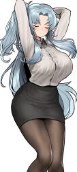 angela_(lobotomy_corporation) arms_up blouse blue_hair breasts chroong closed_eyes huge_breasts lobotomy_corporation long_hair pantyhose pencil_skirt project_moon side_ponytail undressing