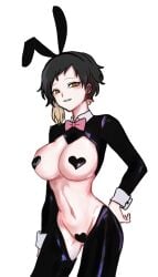 1girls binah black_hair black_heart_pasties black_pasties bowtie breasts bunny_ears fake_animal_ears female heart_pasties library_of_ruina lobotomy_corporation multicolored_hair musha pasties pink_bowtie project_moon reverse_bunnysuit tagme