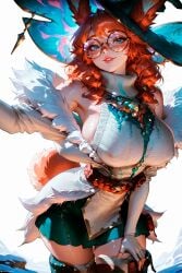 1female 1girls ai_generated aurora_(league_of_legends) big_breasts blue_eyes bunny_ears bunny_girl curvy eyelashes eyeliner female freckles furry glasses league_of_legends looking_at_viewer makeup messy_hair orange_hair ornament outdoors patreon puffy_nipples red_hair riot_games round_glasses sexually_suggestive sideboob snow stable_diffusion stblfantasy suggestive suggestive_look voluptuous voluptuous_female witch_hat