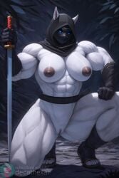 abs ai_generated animal_ears anthro belt blue_eyes breasts decathex elbow_gloves female fur furry gloves holding_weapon hood katana kneeling mask masked masked_female muscles muscular muscular_anthro muscular_arms muscular_female muscular_thighs narrow_waist night nipples nude nude_female outdoors pose pussy sandals sheath solo solo_female subscribestar_username sword thick_thighs thighs toned toned_female white_fur wide_hips