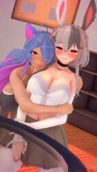 2023 2girls 3d big_breasts breasts bunny_ears bunny_girl cat_ears cat_tail catgirl deluxe_rosie female female_only hug huge_breasts hugging hunibun_(vtuber) indie_virtual_youtuber rosie_(vtuber) tail tan-skinned_female tan_body tan_skin virtual_youtuber