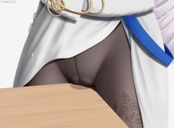 black_pantyhose bronya_rand close-up crotch_rub dress drill_hair female grey_hair highres honkai:_star_rail honkai_(series) masturbation pantyhose pussy_juice pussy_juice_puddle simple_background solo table_humping white_background white_dress z282g