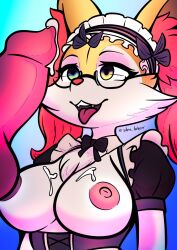 animal_genitalia anthro anthro_only big_breasts braixen breasts canine_penis cum_on_breasts furry furry_female furry_only glasses heterochromia maid_uniform nintendo pink pink_nipples pokemon pokemon_(species) shen_hokori tongue_out unseen_male_face