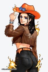 1girls ass clothed clothed_female clothing cosplay female female_only fire freckles hat jeans nico_robin one_piece portgas_d_ace_(cosplay) post-timeskip rickholmes0410