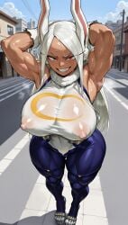 1girls above_view ai_generated armpits arms_behind_head arms_up big_areola big_ass big_breasts big_nipples big_thighs boku_no_hero_academia city day daytime erect_nipples eyebrows eyelashes female fully_clothed heels hi_res high_resolution highres huge_ass huge_breasts huge_nipples huge_thighs large_breasts looking_at_viewer massive_breasts miruko muscular muscular_female my_hero_academia outdoors outside platform_heels red_eyes solo stable_diffusion standing steam steaming_body strong_woman synthneon thick thick_ass thick_legs thick_thighs tight_clothing visible_areolae visible_nipples