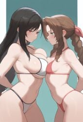 aerith_gainsborough ai_generated big_breasts bikini black_hair breast_comparison brown_hair final_fantasy final_fantasy_vii green_eyes red_eyes small_breasts tagme tifa_lockhart