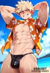 abdomen abs ai_generated anime arms_behind_head arms_up bara barazoku beach beach_background biceps big_nipples big_pecs bikini bitch blonde blonde_hair blonde_male blush blush_lines blushed_face blushing_at_viewer boku_no_hero_academia bulge eyes haruartx hips male_boobs micro_bikini muscular muscular_arms muscular_ass muscular_bottom muscular_male muscular_thighs navel red sexy_armpits small_bulge smile smiley_face smiling smiling_at_viewer thighs thong thong_bulge tight_clothing