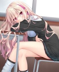 black_nails black_socks blue_bra blush cardigan crossed_legs female highres knee_socks kneehighs kneesocks looking_at_viewer loose_socks mana_(yoye_(pastel_white)) medium_breasts multicolored_hair original pleated_skirt red_eyes school_uniform side_view socks solo two_socks_on white_socks yoye_(pastel_white)