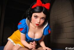 1man ai_generated big_breasts black_hair breasts brown_hair cleavage cum cum_on_breasts ervhal handjob princess small_penis snow_white_(disney) white_skin