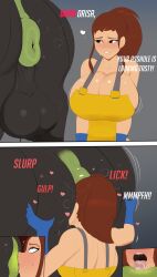 1futa 1girls brigitte cleavage dialogue donut_anus female futa_with_female futanari g3mma gigantic_breasts huge_breasts human orisa overwatch rimming rimming_futa rimming_horse text