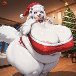 ai ai_generated anthro belly big_belly big_breasts breasts christmas christmas_outfit chubby chubby_female felicity_thepyromancerfox female female_only ferret ferret_girl happy looking_at_viewer mommy nipples overweight overweight_female slightly_chubby slightly_chubby_female tail thepyromancerfox