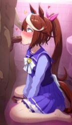 ai_generated animal_ears brown_hair female horse_girl irrumatio pony_tail ribbon tokai_teio_(umamusume) tracen_school_uniform two_tone_hair umamusume umamusume_pretty_derby