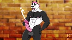 2014 abs anthro balls bear biped black_body black_fur black_nose blurred_background bodily_fluids bottomless bottomless_anthro bottomless_male brick_wall closed_eyes clothed clothing cum ejaculation fabfelipe front_view fur genital_fluids genitals giant_panda hand_on_leg hand_on_own_leg hand_on_own_penis hand_on_penis kerchief kerchief_only looking_pleasured male mammal masturbation multicolored_body multicolored_fur muscular muscular_anthro muscular_male navel nipples open_mouth open_smile penis pink_kerchief pink_nipples pink_tongue smile solo standing teeth tongue tongue_out two_tone_body two_tone_fur vein veiny_penis wall_(structure) white_body white_fur