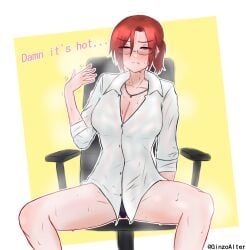 absurdres aozaki_touko black_panties breasts chair closed_eyes dress_shirt english_commentary fanning_self ginzoalter glasses highres jewelry kara_no_kyoukai large_breasts necklace panties red_hair shirt spread_legs sweat underwear wet wet_clothes wet_shirt