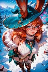 1female 1girls ai_generated aurora_(league_of_legends) big_breasts blue_eyes bunny_ears bunny_girl curvy eyelashes eyeliner female freckles furry glasses league_of_legends leaning_forward looking_at_viewer makeup messy_hair orange_hair ornament outdoors patreon puffy_nipples red_hair riot_games round_glasses sexually_suggestive sideboob snow stable_diffusion stblfantasy suggestive suggestive_look voluptuous voluptuous_female witch_hat