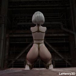 1girls 3d ass blindfold bondage female female_focus female_only gagged hi_res high_resolution highres large_ass lehenry3d leotard nier:_automata on_knees platinum_games rope rope_bondage simple_background solo solo_focus thick_thighs thighhighs white_hair yorha_2b