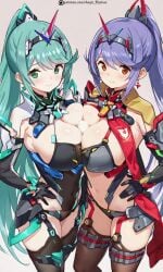 1girls absurdly_long_hair aegis_elysium ai_art ai_generated android armor arms_up blush blushing_at_viewer boobs_pressed breasts breasts_press breasts_pressed breasts_pressed_together cleavage cleavage_cutout clothing_cutout core_crystal earrings edited elbow_gloves female female_armor female_focus gem green_hair hair_ornament headpiece highres holding huge_breasts hugging jewelry large_breasts leggings light long_hair looking_at_viewer navel nintendo orange_eyes patreon patreon_username pneuma pneuma_(xenoblade) ponytail poppi_(xenoblade) poppi_qtpi_(xenoblade) pressing_breasts purple_hair scarf skindentation smile soap solo solo_focus standing swept_bangs thick_breasts thick_thighs thighhighs thighs tiara very_long_hair watermark wet xenoblade_(series) xenoblade_chronicles_(series) xenoblade_chronicles_2 yuri