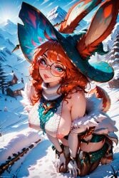 1female 1girls ai_generated aurora_(league_of_legends) bare_shoulders big_breasts blue_eyes bunny_ears bunny_girl curvy eyelashes eyeliner female freckles fur furry glasses kneeling league_of_legends looking_at_viewer makeup messy_hair orange_hair ornament outdoors patreon puffy_nipples red_hair riot_games round_glasses sexually_suggestive sideboob snow stable_diffusion stblfantasy suggestive suggestive_look sweater voluptuous voluptuous_female witch_hat