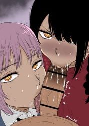 1boy 2girls big_penis black_hair chainsaw_man color color_edit colored dark-skinned_male double_fellatio fami_(chainsaw_man) female kaiman_garupan light-skinned_female nayuta_(chainsaw_man) oral_sex pink_hair sweat tongue tongue_out yellow_eyes