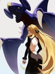 absurdres ass backless_dress backless_outfit black_sclera blonde_hair colored_sclera cynthia_(pokemon) dress fur-trimmed_sleeves fur_collar fur_trim garchomp grey_eyes hair_ornament hair_over_one_eye highres holding holding_poke_ball long_hair looking_at_viewer looking_back poke_ball pokemon pokemon_(creature) sharp_teeth teeth