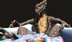 3d 3d_anaglyph anaglyph anthro bath dragon erection indoors looking_at_viewer male nude penis scales scalie solo water wooky