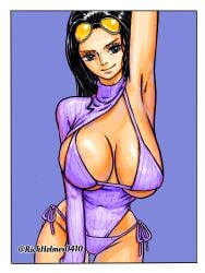 1girls arm_up big_breasts black_hair blue_eyes breasts female female_only huge_breasts lilac_clothing nico_robin one_piece post-timeskip purple_bikini purple_clothing ribbed_sweater rickholmes0410 simple_background sunglasses_on_head sweater turtleneck