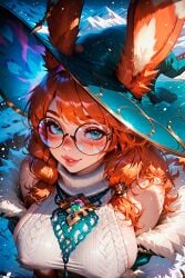 1female 1girls ai_generated aurora_(league_of_legends) bare_shoulders big_breasts blue_eyes bunny_ears bunny_girl covered_nipples curvy eyelashes eyeliner female freckles fur furry glasses league_of_legends looking_at_viewer makeup messy_hair orange_hair ornament outdoors patreon puffy_nipples red_hair riot_games round_glasses sexually_suggestive sideboob snow stable_diffusion stblfantasy suggestive suggestive_look sweater voluptuous voluptuous_female witch_hat